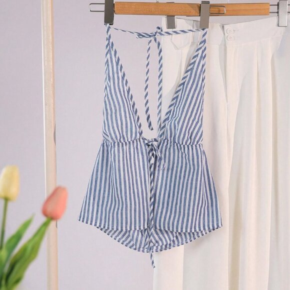 Blue white Casual Women's Striped Halter Neck Tie Cami Top - Picture 3 of 8